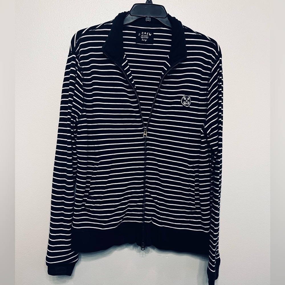 J. Crew Mens Large Navy and White Striped Cotton Full Zip Jacket Nautical Yacht